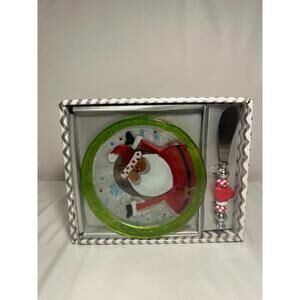 Christmas Santa Glass Snack Plate & Spreader Set Holiday Appetizer Dish NEW Gift